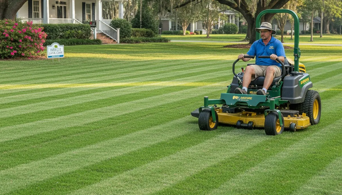 Commercial mower creating precise lawn stripes during professional mowing in Baton Rouge, LA