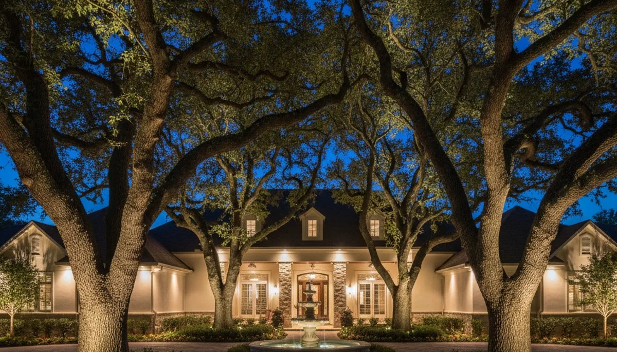 Dramatic tree uplighting design by Baton Rouge landscapers highlighting mature trees with professional lighting