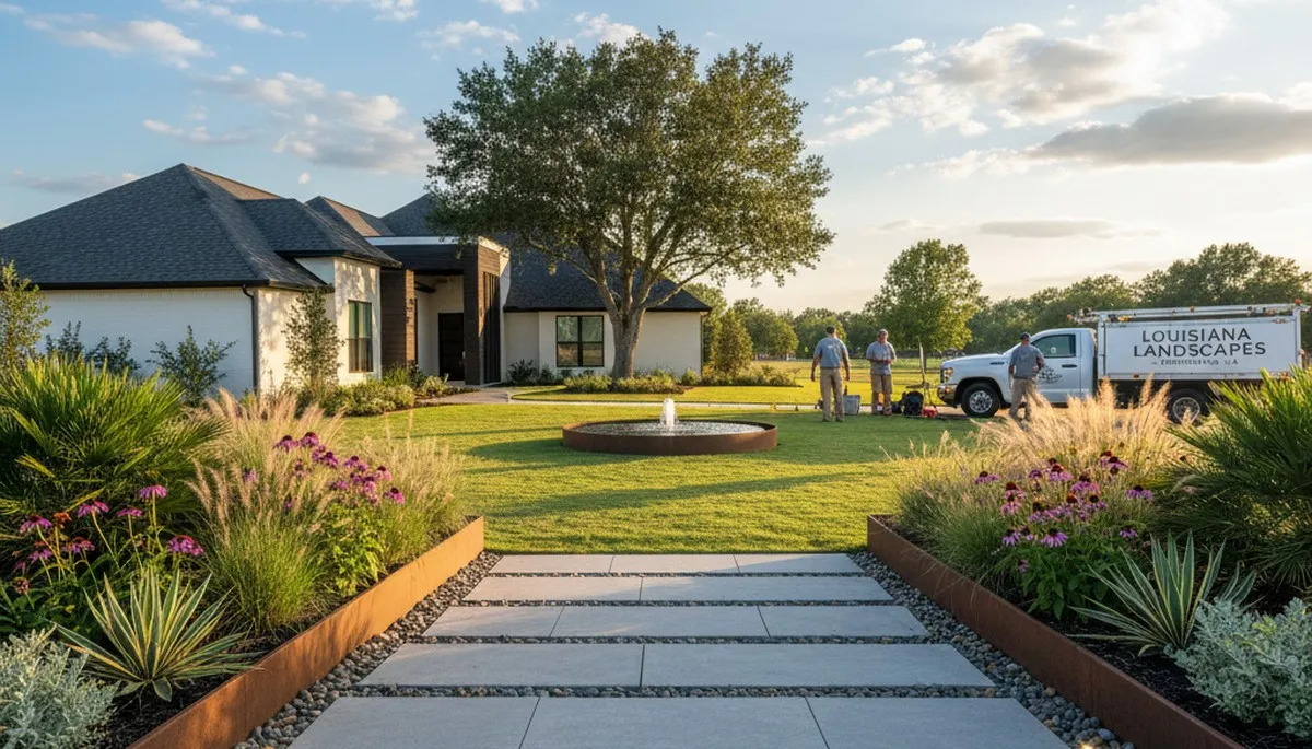 Landscaping crew in Baton Rouge, LA providing professional lawn care and yard maintenance services