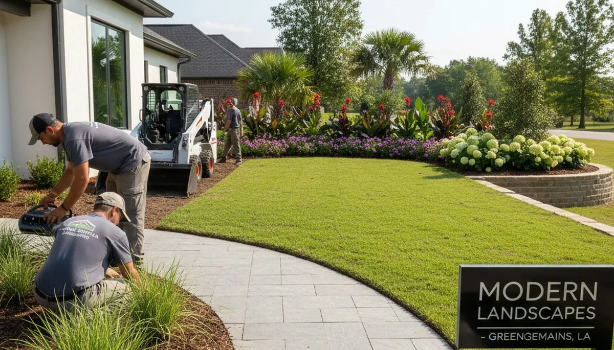 Landscaping crew providing lawn care services in Baton Rouge, LA