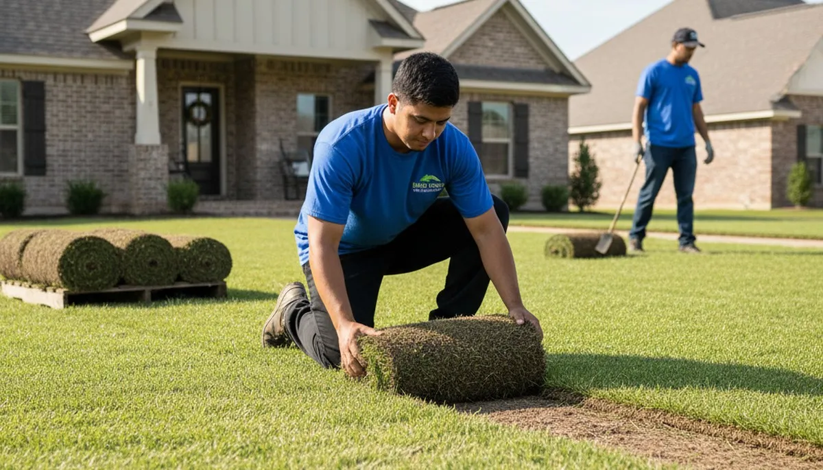Professional landscaper installing sod with precise seam alignment in Baton Rouge, LA lawn project